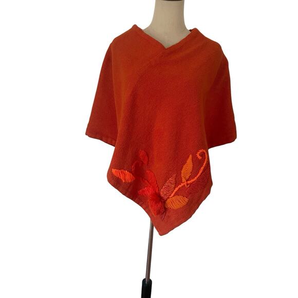 Vtg 60s Orange Wool Poncho Embroidered Leaves Floral Boho Hippie Fall Halloween - Picture 1 of 10